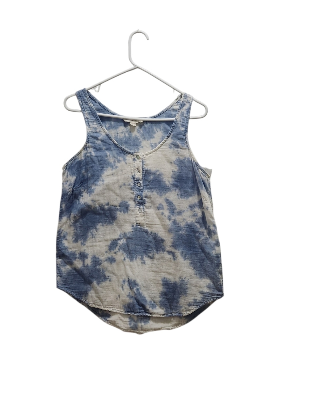 LOVESTITCH Blue and White Tie-Dye Cotton Henley Style Tank Top Blouse Size L